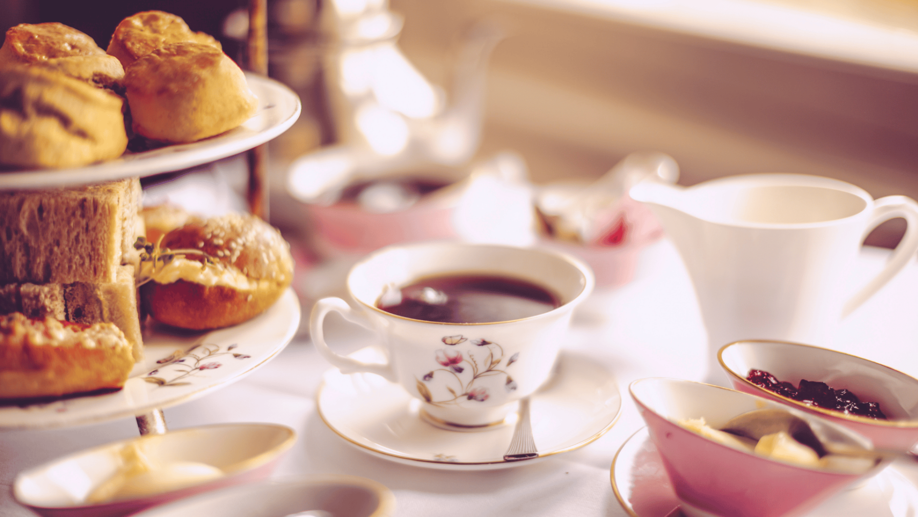 Afternoon tea, cakes, sandwiches, jam, scones