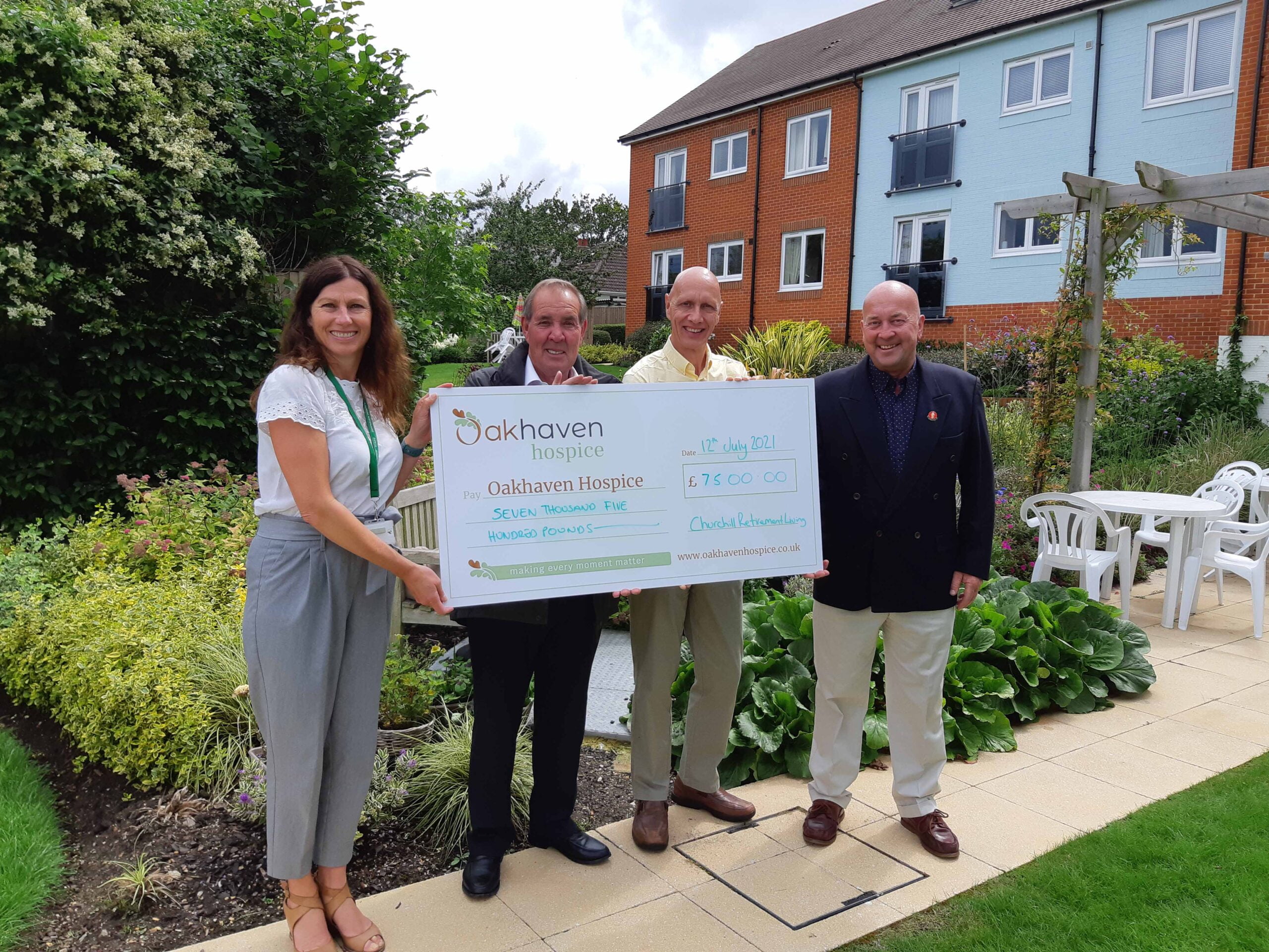 Oakhaven Hospice cheque presentation July 2021 - March Church and Geoff Southwell's brothers Pete and Mike with Jo from Oakhaven