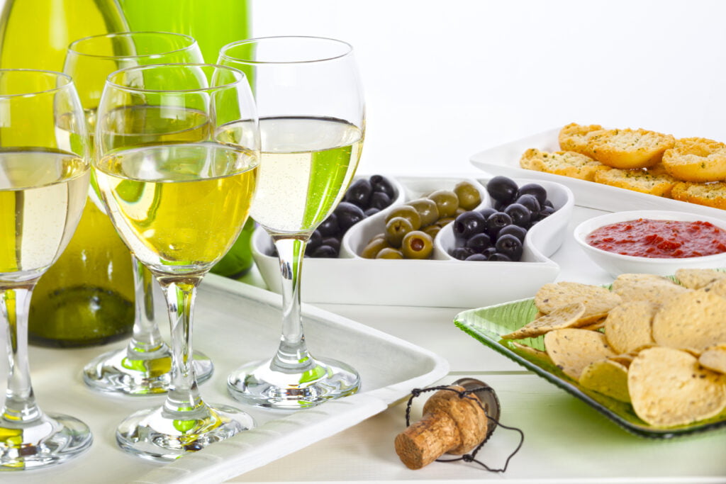 Food and Wine on a Buffet Table