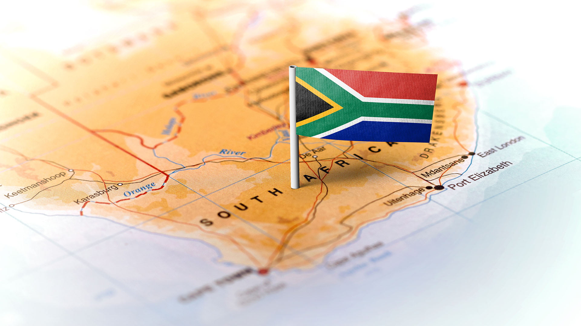 South Africa pinned on the map with flag
